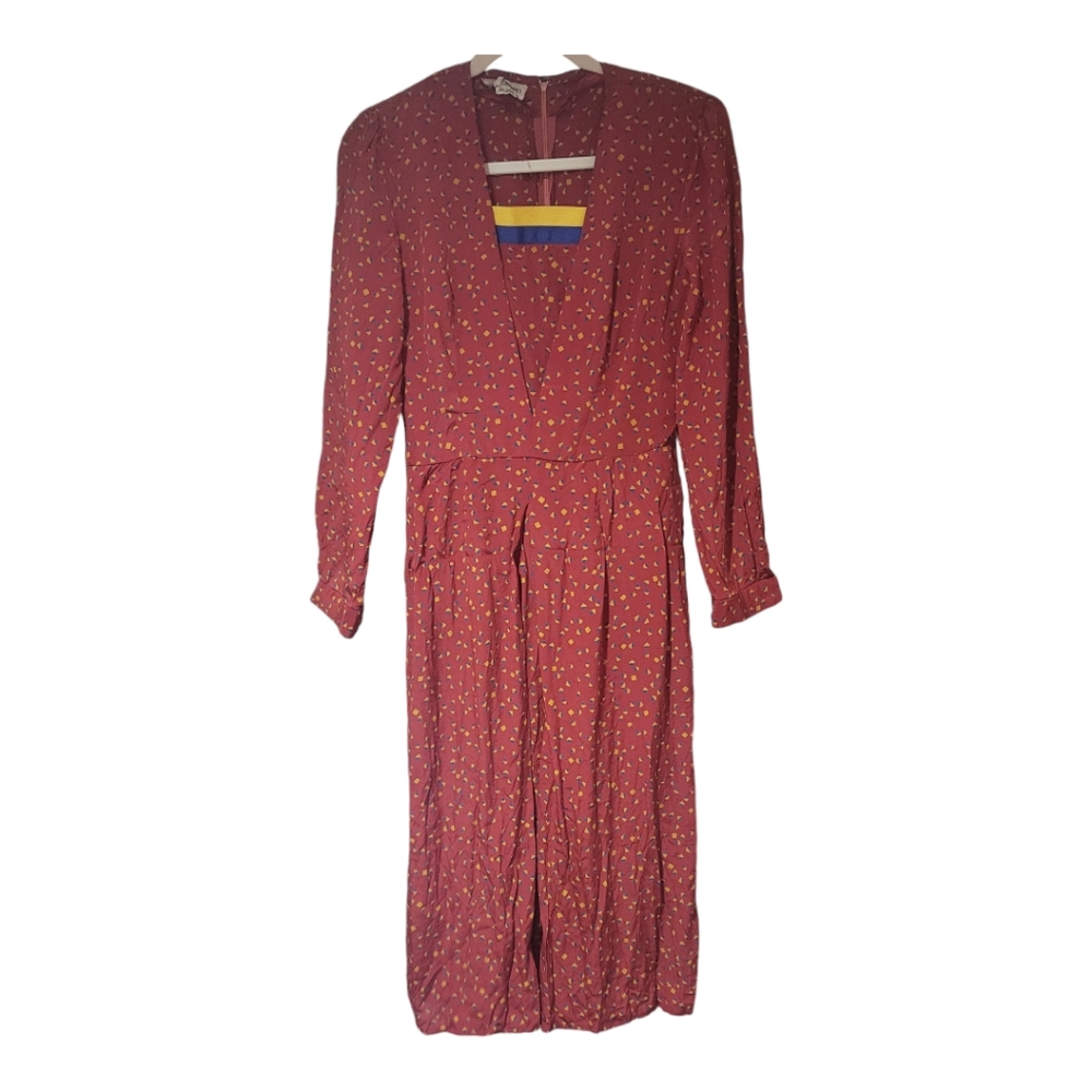 Vintage 70s Albert Capraro Sz 6 Silk Maroon Polka Dot Midi Dress Longโ Sleeve
